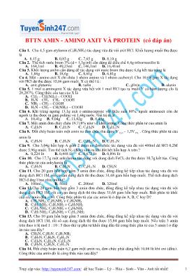 Bài tập trắc nghiệm Hóa học 12 Amin - Amino axit và Protein (Có đáp án)